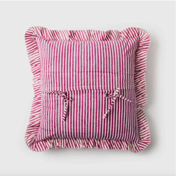 Candy striped Pink and White Block Print Ruffled Square Pillow Cover 18" x 18" - Picture 3 of 4